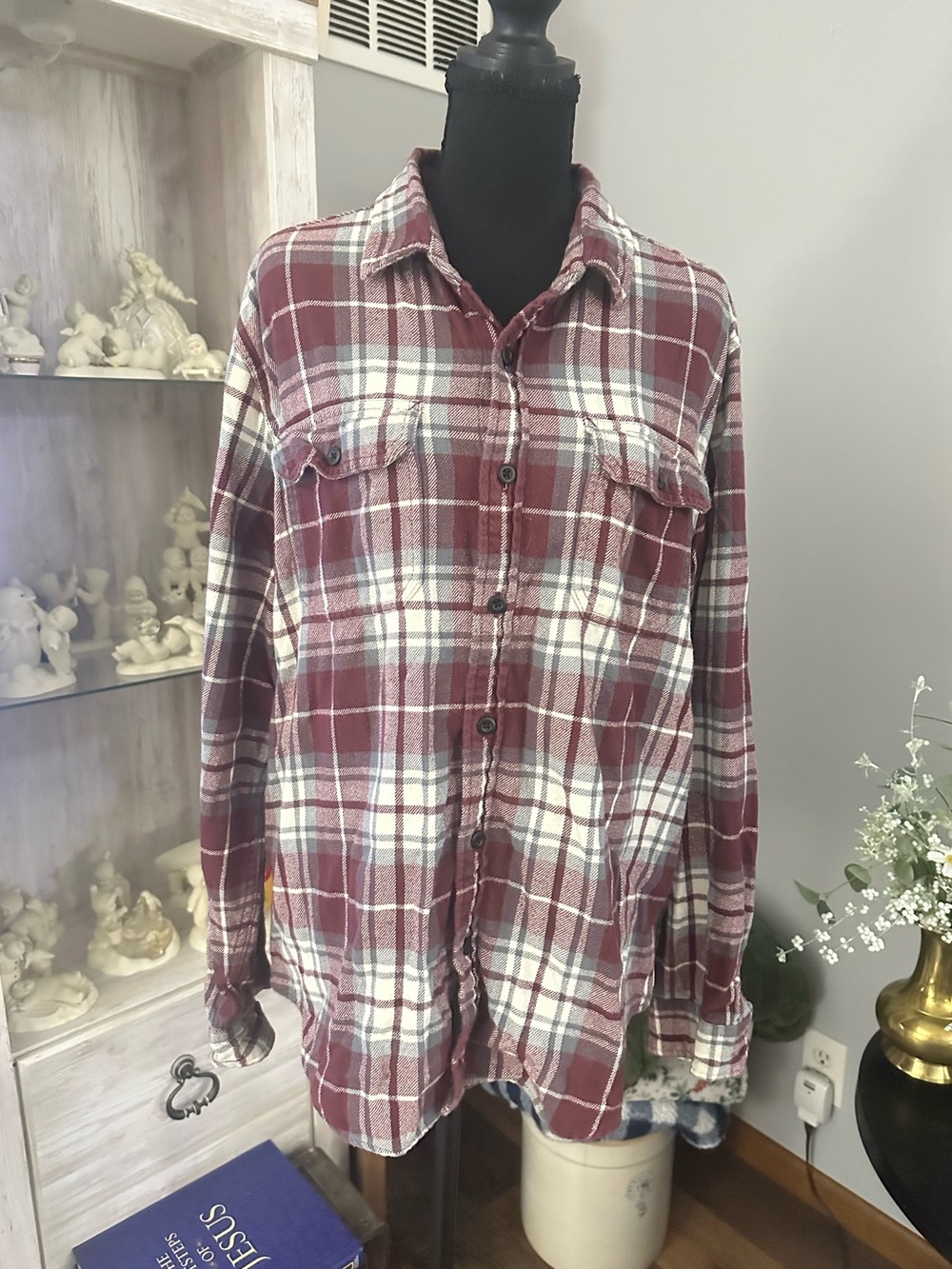 American Eagle Outfitters Burgundy and White Plaid Button-Down Shirt